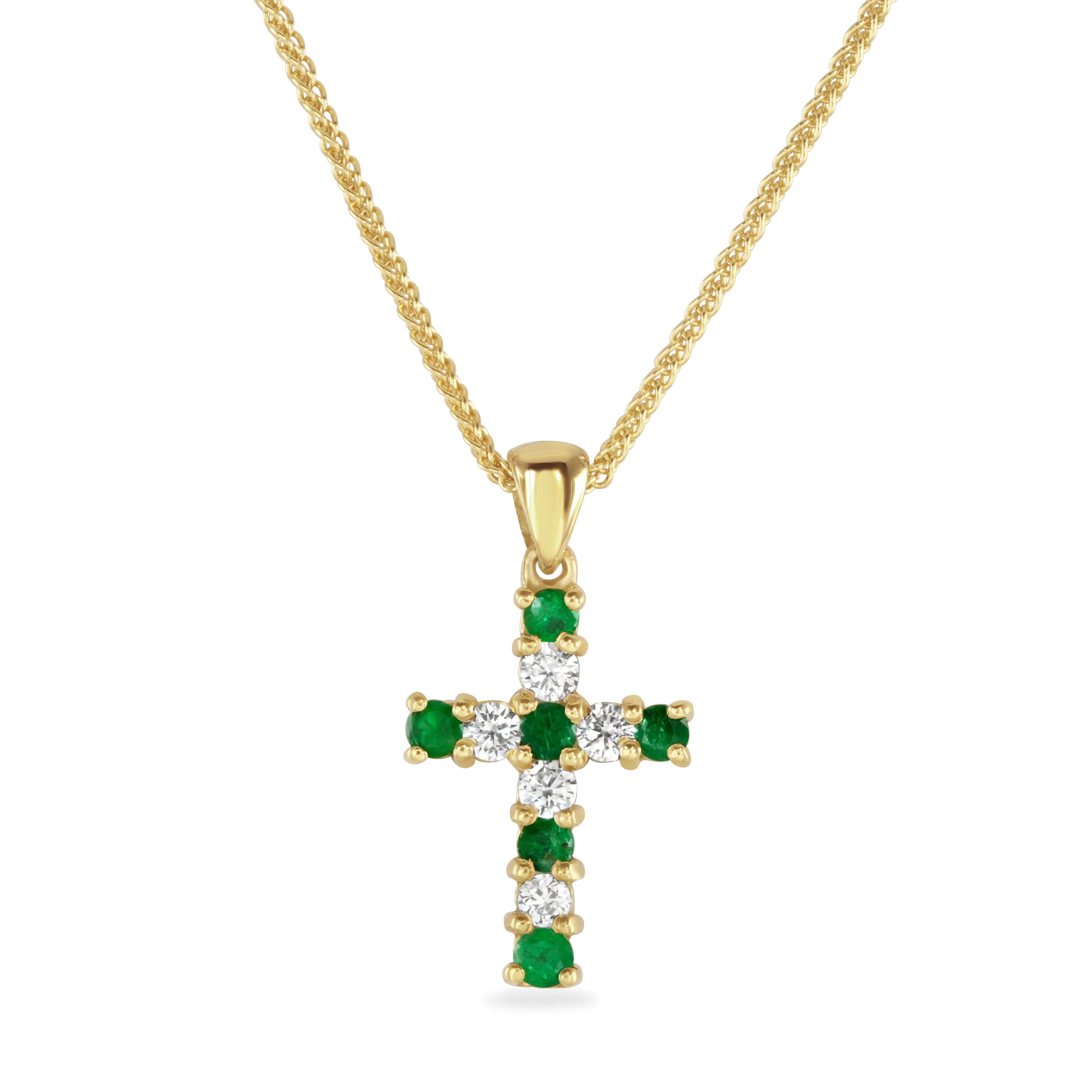 Diamond And Emerald Set Cross, 18 Inch Chain, 0.35ct | Kensington Jewellery